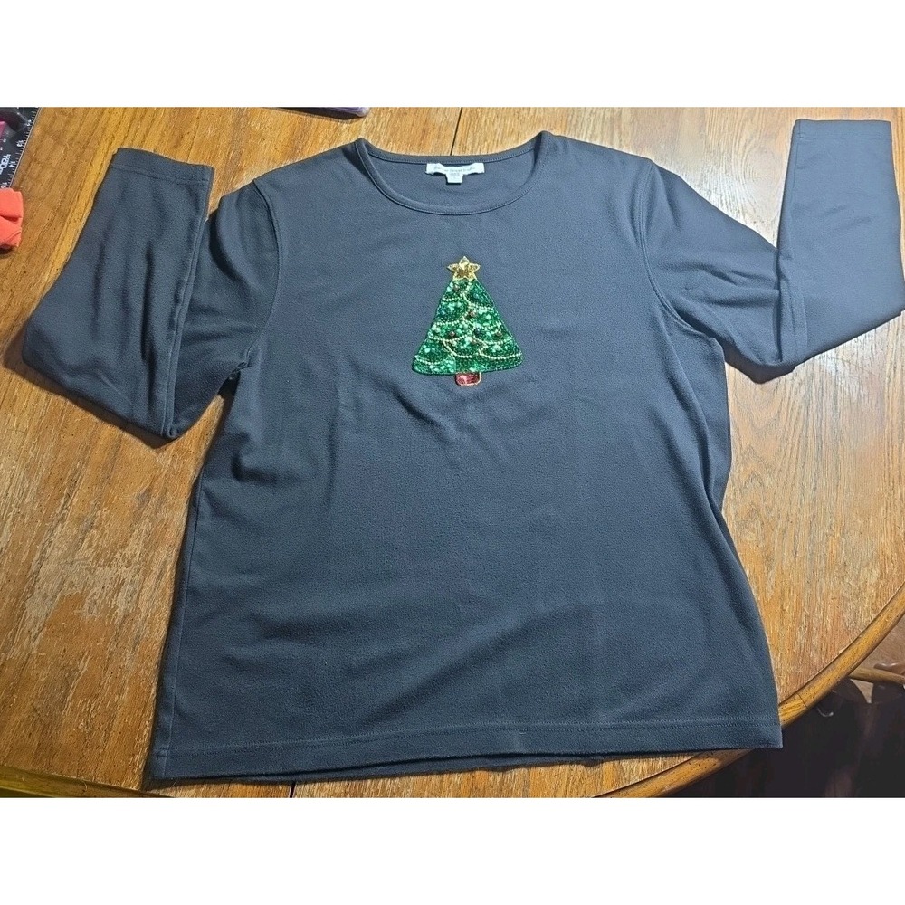Mercer Street Studio Christmas Tree Sequin Top Women's Size L Black Long Sleeve